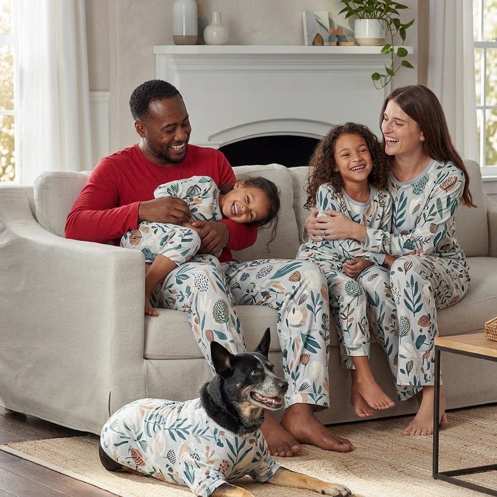 A smiling family relaxing on a sofa at home in matching pajamas